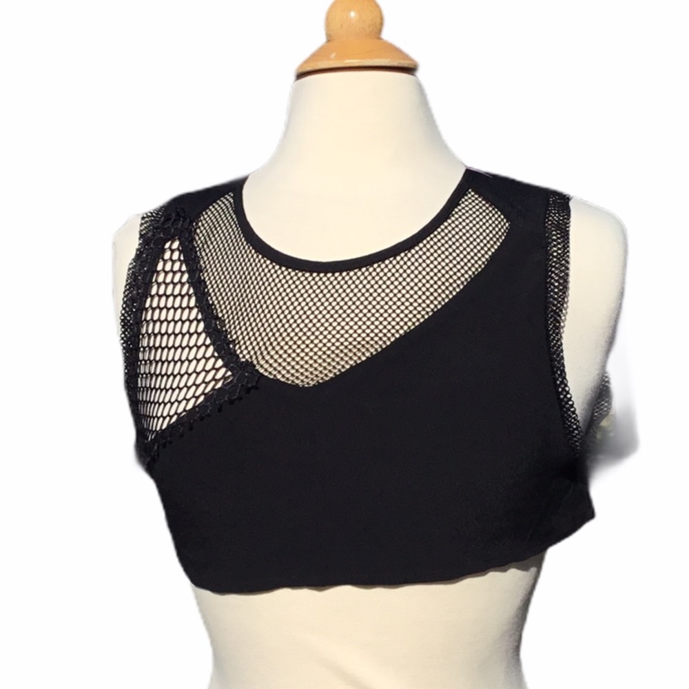 Black Mesh-Detail Sleeveless Crop Top